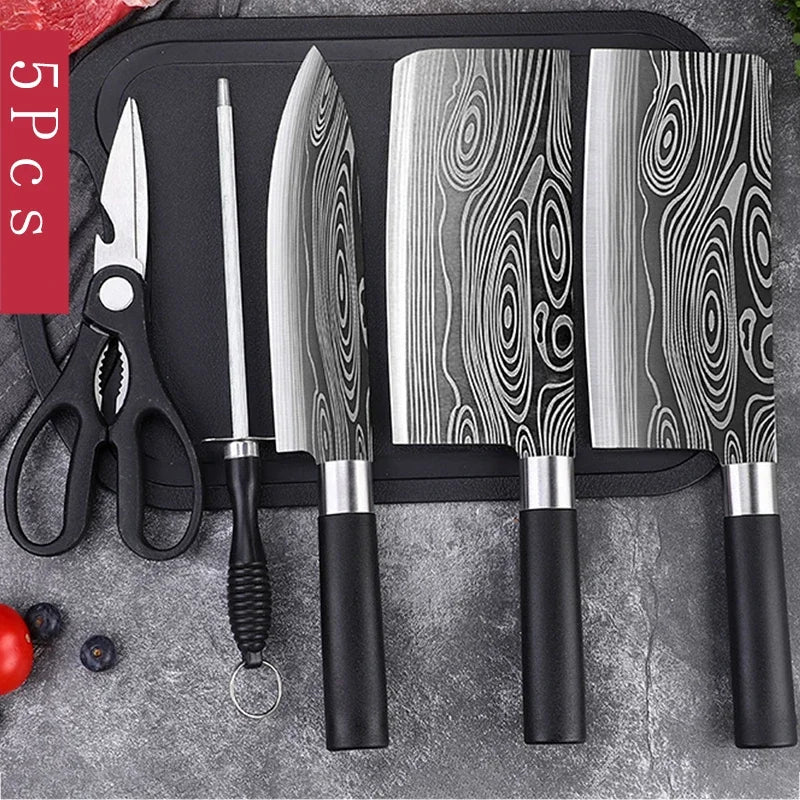 Kitchen Knives Scissors Sharpening Rod Set Laser Damascus Pattern Utility Stainless Steel Sharp Slicing Chef knife Cooking Tool
