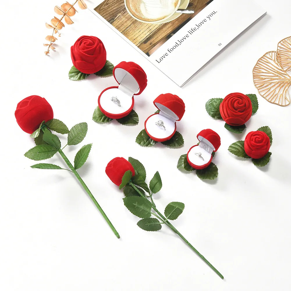 Flocked Artificial Rose Flower Ring Box Red Velvet Jewelry Box Earring Display Holder Wedding Valentine's Day Gift Storage Case