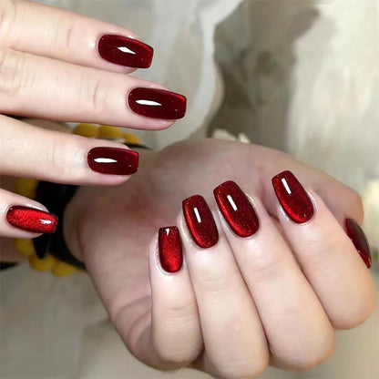 96/48/24PCS Sexy Red Cateye Press On Nails Medium Square Glossy Full Cover Detachable False Nails For Girl Valentine Girls' Gift