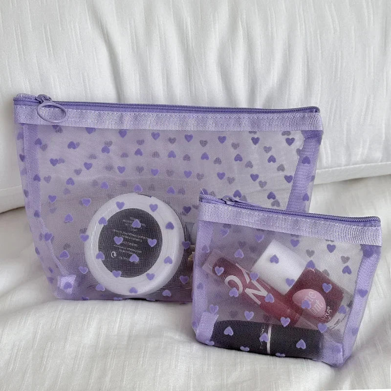 Women Cosmetic Storage Bag Travel Organizer Holder Purse Purple Heart Printed Nylon Mesh Make Up Bag Clear Cute Makeup Bag Pouch