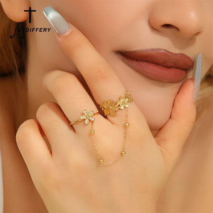Letdiffery New Double-Finger Flower Rings for Women Stainless Steel Heart Butterly Zircon Charm Adjustable Open Rings Jewelry