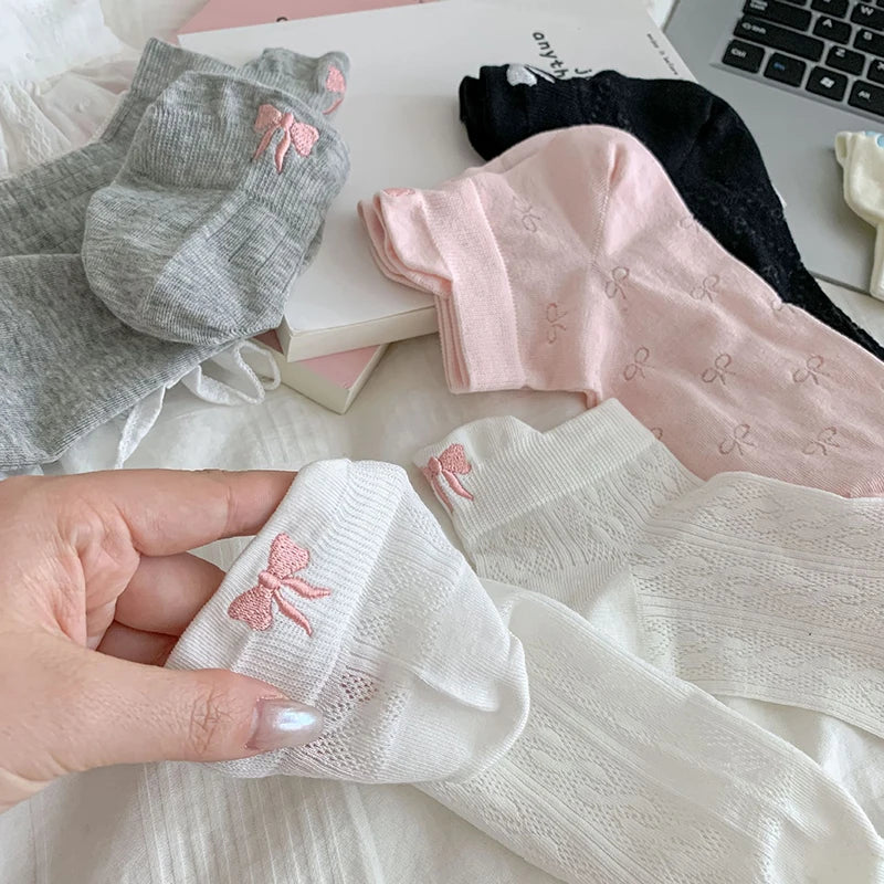 New Design Heel Bow Women Short Socks Lolita Kawaii Summer Thin Breathable Hollow Out Low Tube Sock Ins Trend White Cotton Socks