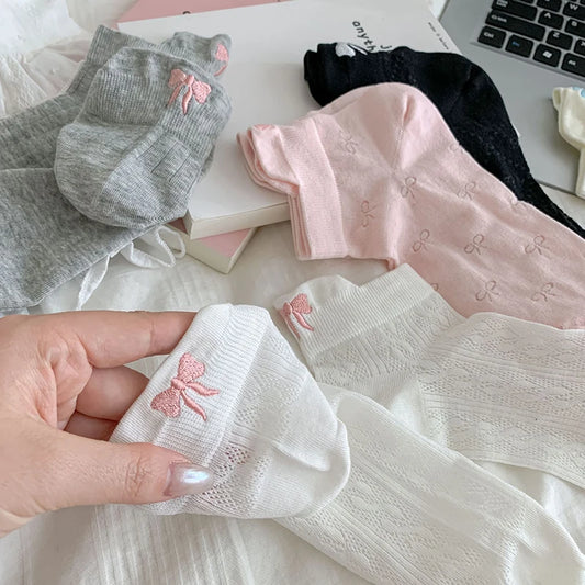 New Design Heel Bow Women Short Socks Lolita Kawaii Summer Thin Breathable Hollow Out Low Tube Sock Ins Trend White Cotton Socks