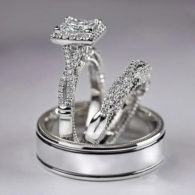 Huitan Luxury Princess Cut Cubic Zircon Bridal Marriage Set Rings Elegant Accessories Brilliant Women Men Wedding Trendy Jewelry