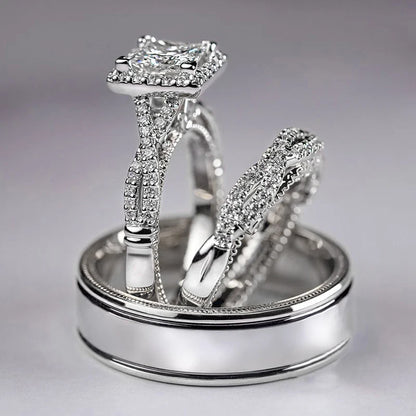 Huitan Luxury Princess Cut Cubic Zircon Bridal Marriage Set Rings Elegant Accessories Brilliant Women Men Wedding Trendy Jewelry