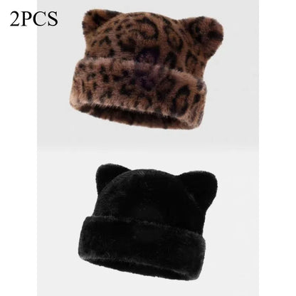 Leopard print plush teddy bear hat for women, sweet and cute, thick and warm, retro and versatile, hooded beanie.