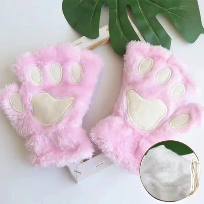 Cute Fashion Cat Paw Fingerless Gloves with Hanging Rope Soft Cold Proof Thickened Plush Gloves Suitable for Cycling and Writing