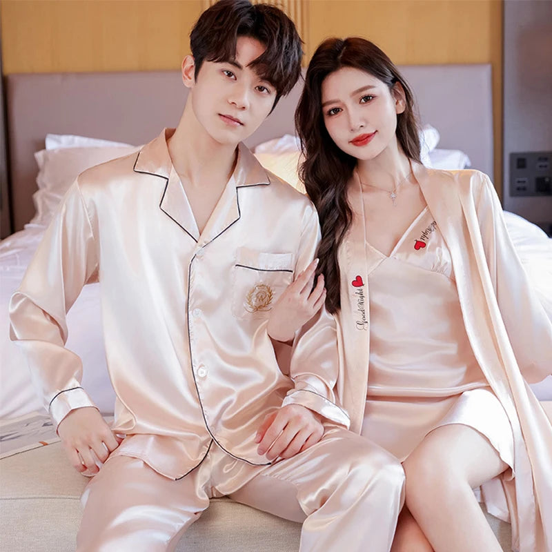 Couple Pajamas Set Women Silk Sexy Nightdress Nightgown Two-Pieces Summer Men's Long-Sleeved Long Pant Home Wear Bridesmaid Robe