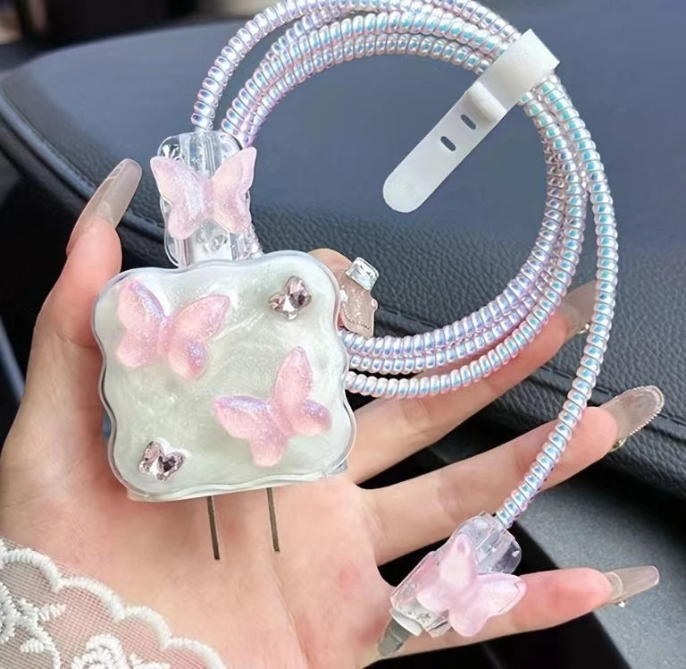 Pink Crystal Butterfly Charging Data Cable Protector Winder Accessories For IPhone 18w/20w Cartoon Charger Protective Cover