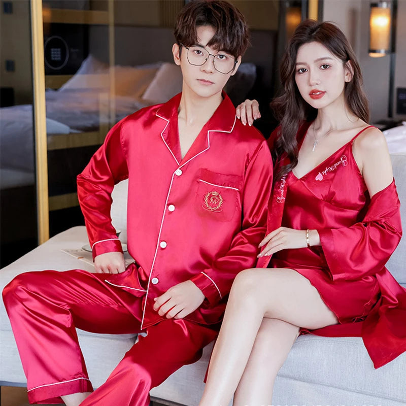 Couple Pajamas Set Women Silk Sexy Nightdress Nightgown Two-Pieces Summer Men's Long-Sleeved Long Pant Home Wear Bridesmaid Robe