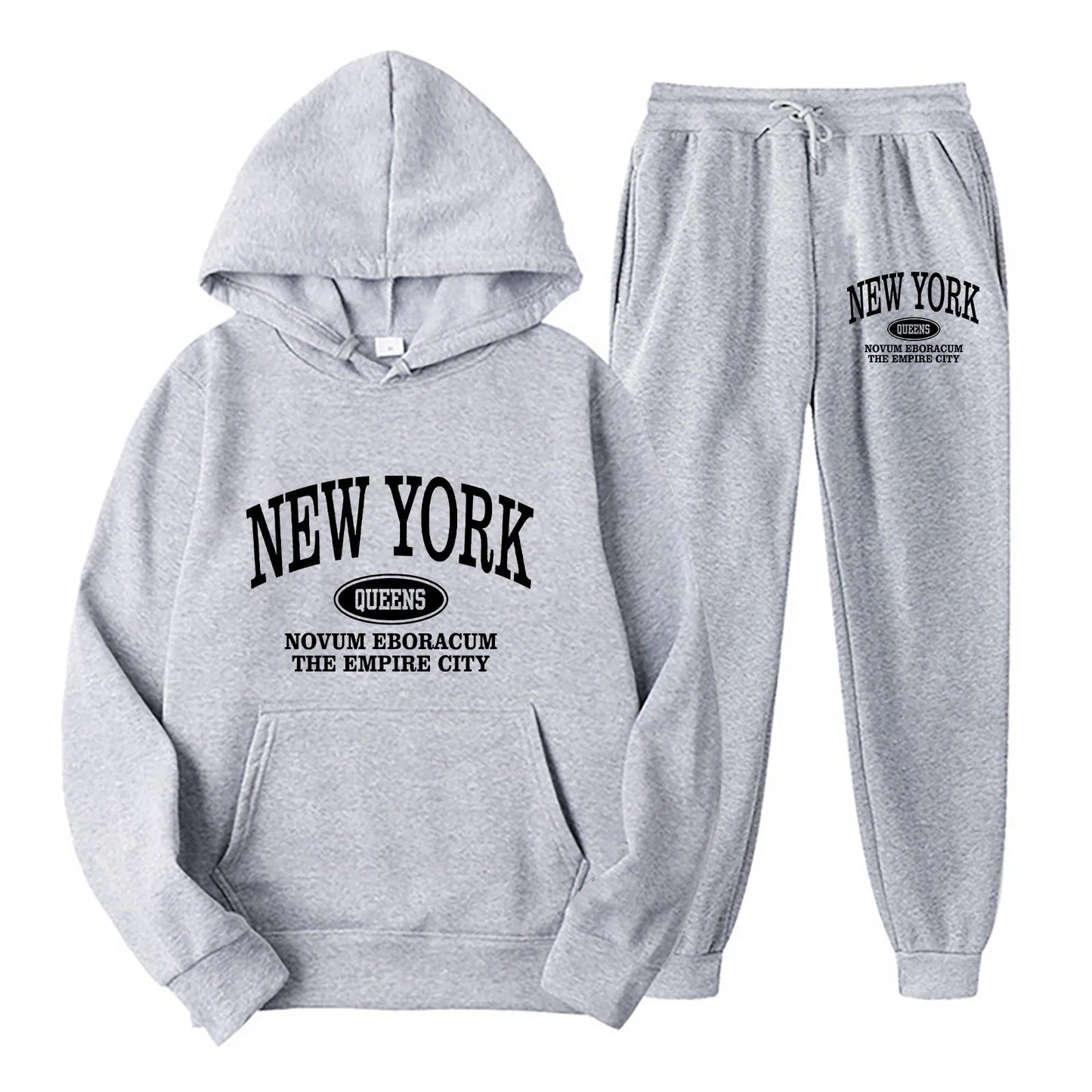 New York Print Two piece Set Casual Kangaroo Women's Casual Fashion Round Neck Sweatshirt, Solid Color Long Sleeves Sweatshirt,