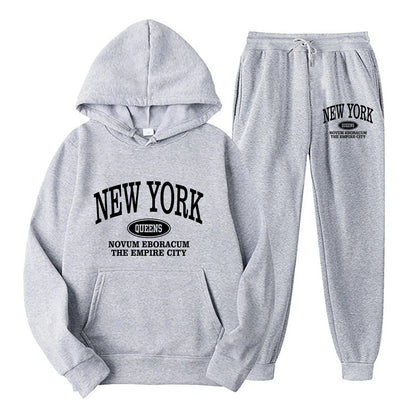 New York Print Two piece Set Casual Kangaroo Women's Casual Fashion Round Neck Sweatshirt, Solid Color Long Sleeves Sweatshirt,