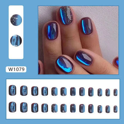 Fresh Green Tea 24 Pcs Fake Nail with Jelly sticker Press on False Nails Wearable Round Head Oval Full Cover Nail Tips