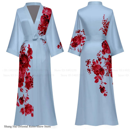 Elegant Print Flower Women Long Robe Loungewear Silky Satin Kimono Bathrobe Gown Spring Autumn New Sleepwear Home Dress Negligee