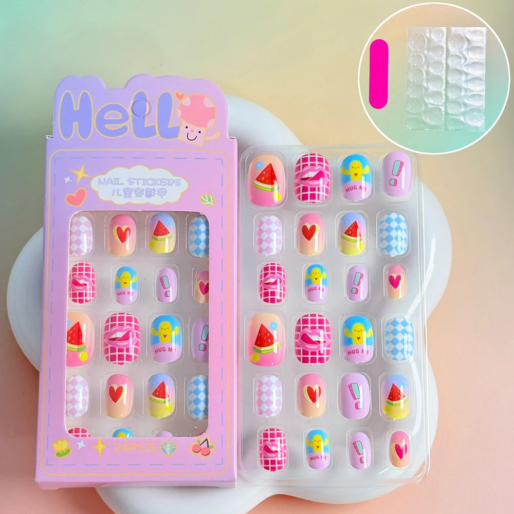 24PC/Box Children's Press On Nails With Jelly Glue Girl's Colorful Cartoon Full Cover Bear Bunny Cat Pattern Fake Nail FalseNail