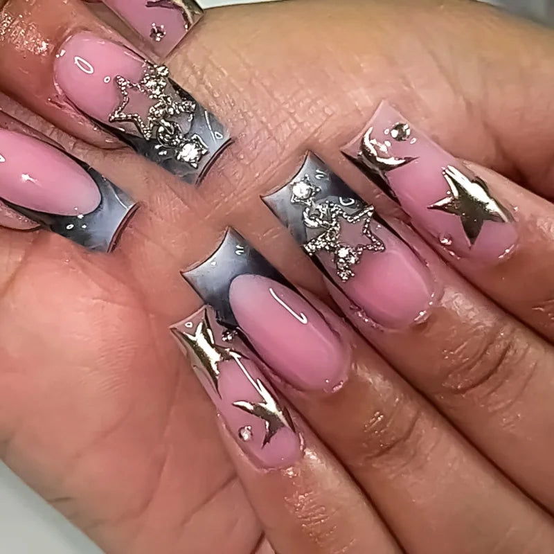 Y2K Star Press on Nails Gradient Black Fake Nails Medium Length Square False Nails Moon Designs for Women Girls Party Daily Use