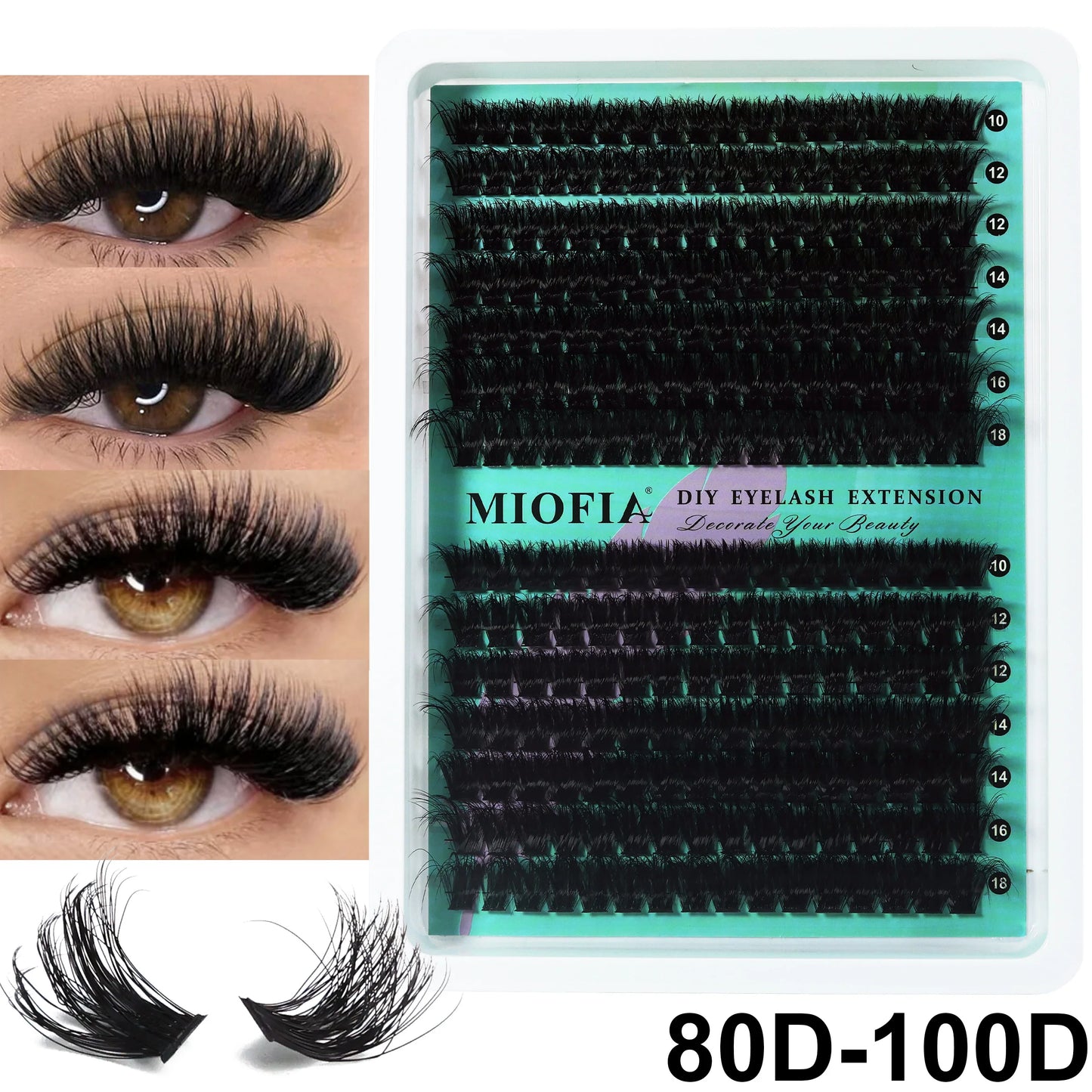 MIOFIA Lashes Cluster Natural Fluffy Volume Individual Eyelash 60D 80D 100D Thick Cat Eye Lashes Mixed Tray DIY Lash Extension