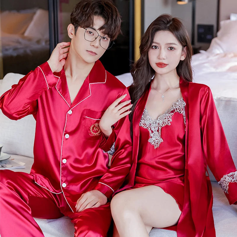 Couple Pajamas Set Women Silk Sexy Nightdress Nightgown Two-Pieces Summer Men's Long-Sleeved Long Pant Home Wear Bridesmaid Robe