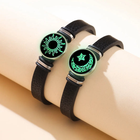 2 PCS/Set PU Leather Couple Bracelet For Women Lover Luminous Sun Moon Rope Charm Wristband Friendship Lover Party Jewelry Gifts