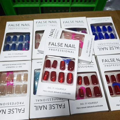 96/48/24PCS Sexy Red Cateye Press On Nails Medium Square Glossy Full Cover Detachable False Nails For Girl Valentine Girls' Gift