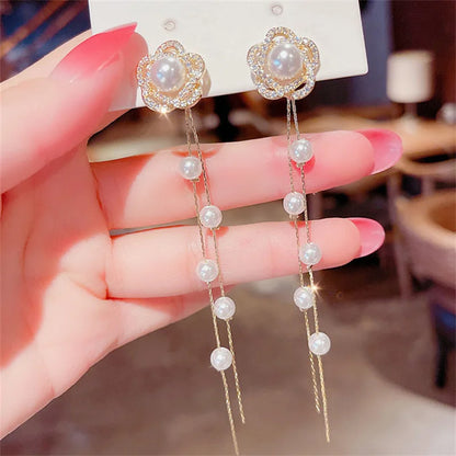 1Pair Korean Style Long Imitation Pearl Tassel Dangle Earrings For Women Trendy Full Crystal Fringe Drop Earring Vintage Jewelry