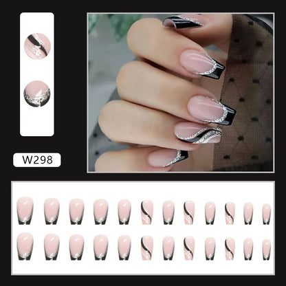 Fresh Green Tea 24 Pcs Fake Nail with Jelly sticker Press on False Nails Wearable Round Head Oval Full Cover Nail Tips