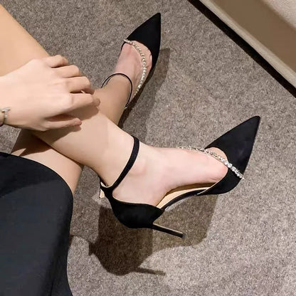 New Black High Heels Women's  Thin Heel Hollow Pointed Single Shoes Sexy Baotou Button Water Drill High heels shoes
