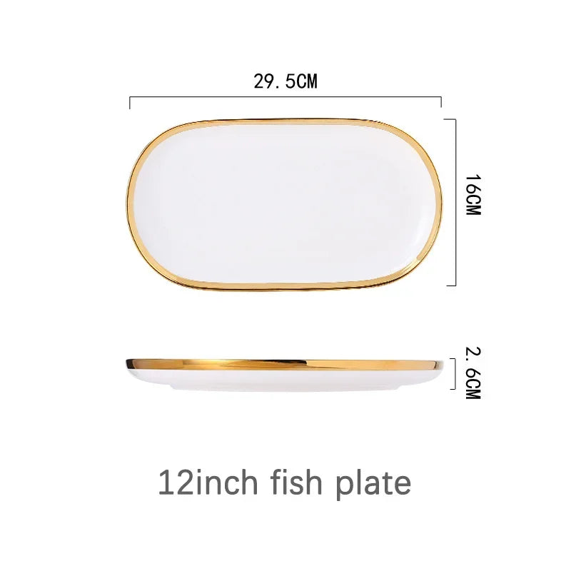 Ceramic Plates Bowls Gilt Rim White Porcelain Dinner Tray Kitchen Plates Ceramic Tableware Food Dishes Rice Salad Noodles Bowl