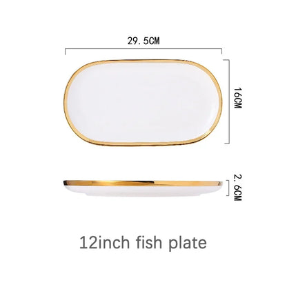 Ceramic Plates Bowls Gilt Rim White Porcelain Dinner Tray Kitchen Plates Ceramic Tableware Food Dishes Rice Salad Noodles Bowl