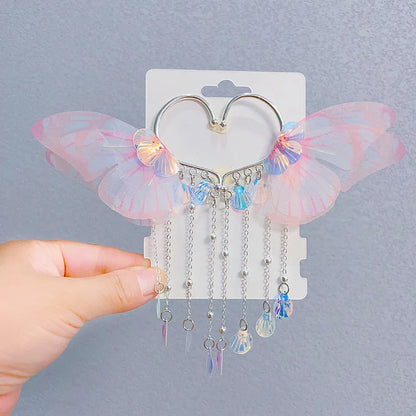 Sweet Tassel Hairclip Ear Hooks Set for Girls Kids Mermaid Elf Ear Cuffs Fairy Princess Non-Pierced Earrings Colorful Headwear