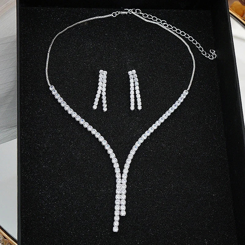 2Pcs/lot Simple Fashion Geometric Zircon Necklace Earrings Kit For Women Wedding Bride Jewelry Set Accessories Gift