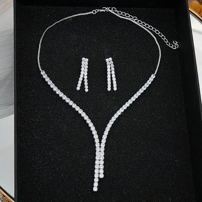2Pcs/lot Simple Fashion Geometric Zircon Necklace Earrings Kit For Women Wedding Bride Jewelry Set Accessories Gift