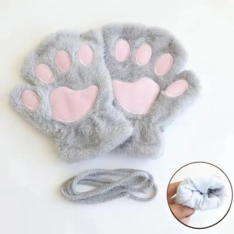 Cute Fashion Cat Paw Fingerless Gloves with Hanging Rope Soft Cold Proof Thickened Plush Gloves Suitable for Cycling and Writing