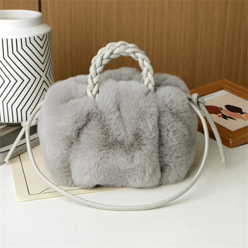 Autumn Winter Fashion Cute Tote Bags Women's Crossbody Pumpkin Plush Bag Solid Color Handbag Travel Shoulder Bags