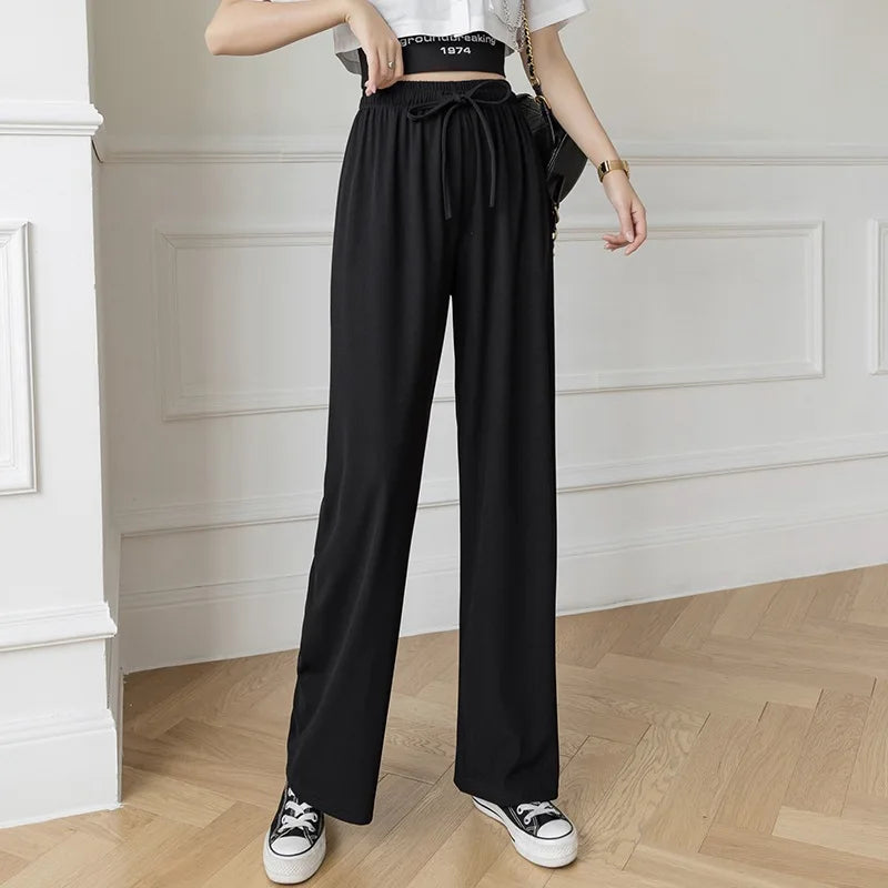 Spring Summer Ice Silk Fitness Wide Leg Pleated Straight Pants Women High Elastic Drawstring Solid Full Trousers JYZZ-AL5718