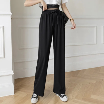 Spring Summer Ice Silk Fitness Wide Leg Pleated Straight Pants Women High Elastic Drawstring Solid Full Trousers JYZZ-AL5718