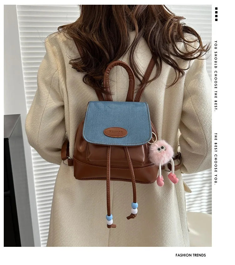Retro college style backpack bag simple and fashionable color matching Korean autumn and winter new Korean contrasting color bac