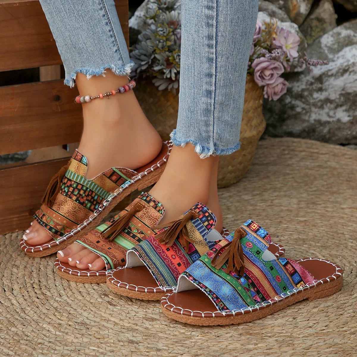 Southeast Asian Bohemian Tassel Flat Bottom Sandals Women's Outdoor Wear Soft Bottom Beach Cool Slippers Fringe Trend