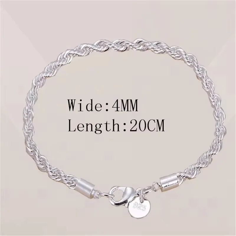 925 Sterling Silver 4MM Twisted Rope Bracelets for Women Men Fashion Minimalist Couple Chain Bracelet Unisex Party Jewelry Gifts