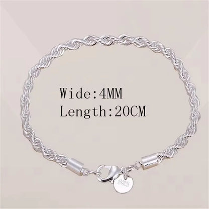 925 Sterling Silver 4MM Twisted Rope Bracelets for Women Men Fashion Minimalist Couple Chain Bracelet Unisex Party Jewelry Gifts
