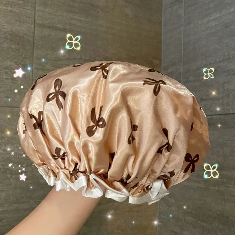 Double-Layer Shower Cap Waterproof New Fashion Bow pattern Reusable Bathing Hat Kitchen Oil-proof Sanitary Hat