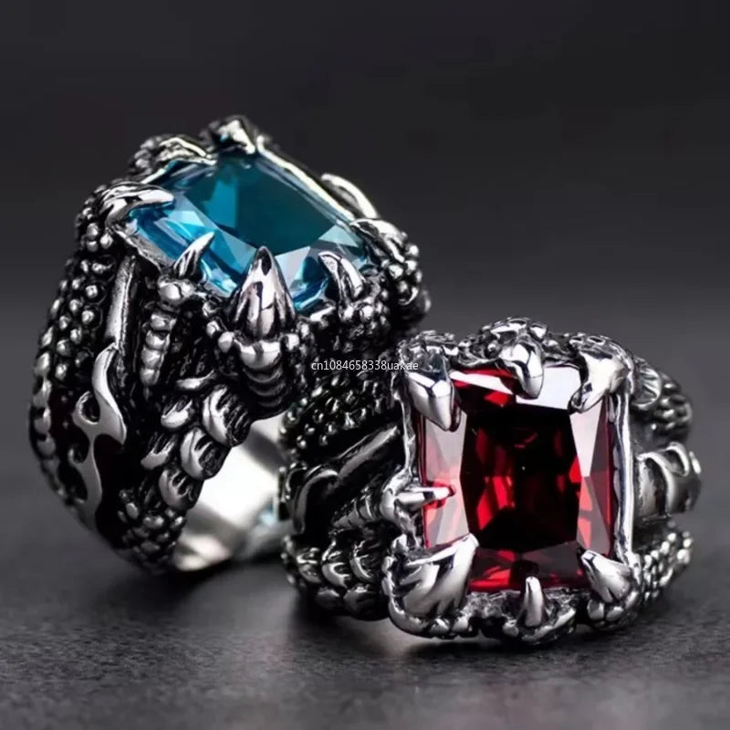 1Pc Gothic Blue and Red Crystal Evil Demon Dragon Claw Ring for Men Gram Biker Punk Rock Hip Hop Cool Jewelry Accessories кольца