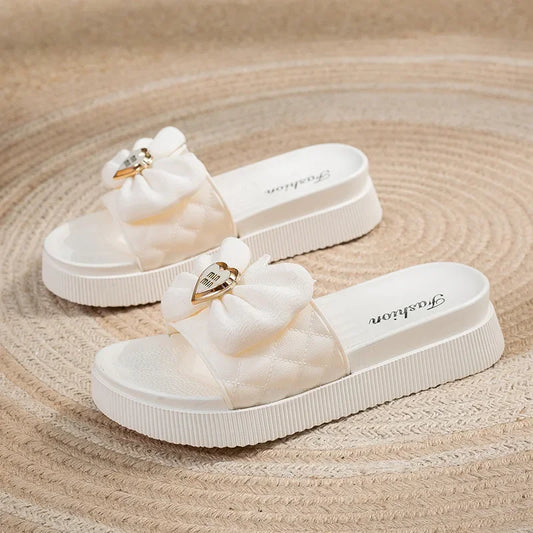 Summer Women Slippers Soft Outdoor Beach Sandals Home Love Bow Flip Flops Platform Non Slip Thick Sole Indoor Non Slip Slipper