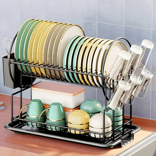 2 tier dish drying rack drain board set tableware drainer Kitchen countertop storage rack cup holder Knife and fork holder