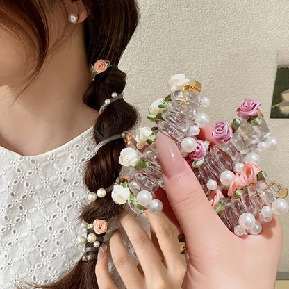Rose Bead Telephone Line Headband Charming Tied Ponytail Braid Hair Rope Headband High Elasticity Rubber Band Pearl Headwears