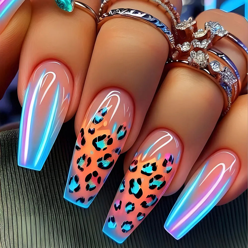 24pcs Golden Stripe Press on Nails Shiny Powder Love Design Long Square False Nails Wearable Full Cover Nail Tips Blue Fake Nail
