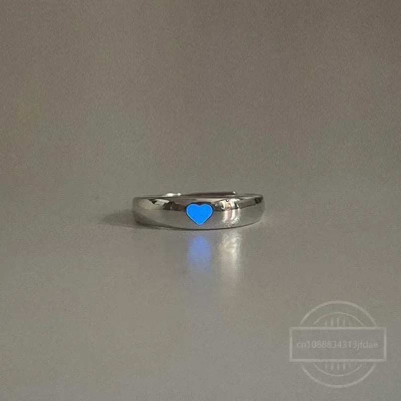 Fashion Blue Pink Love Heart Luminous Couple Ring for Women Men Vintage Glow In Dark Opening Adjustable Rings Jewelry Gifts