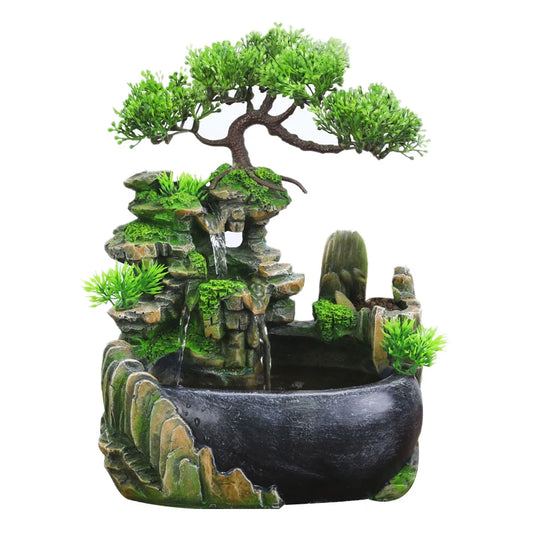ABUP-EU Plug,Indoor Simulation Resin Rockery Waterscape Feng Shui Water Fountain Home Desktop Decoration Crafts