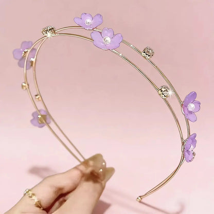 New Double Layer Metal Hairband Flower Pearl Headband for Women Headwear Shiny Rhinestone Hair Band Hoop Hair Accessories