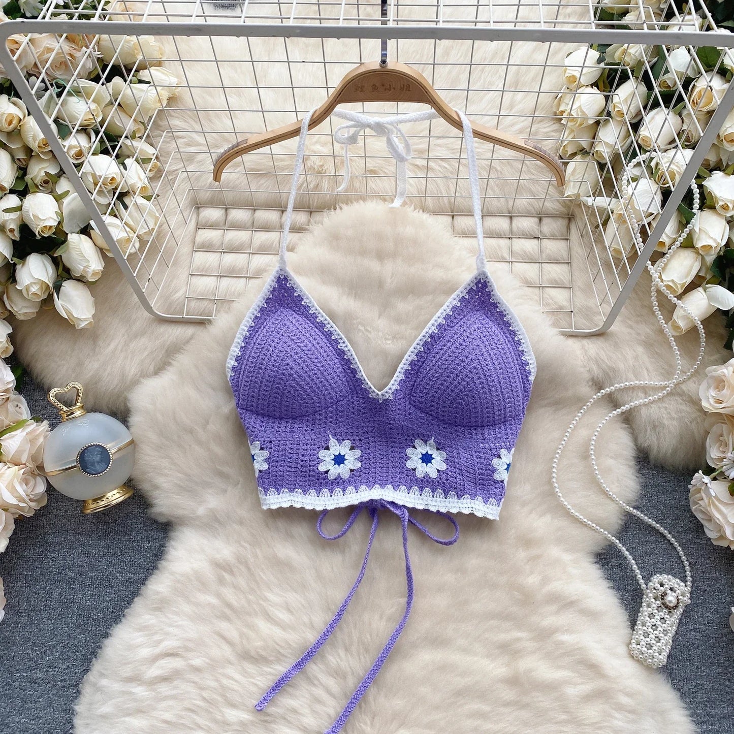 Vacation Style Camis Vest Women Patchwork Sweet Hook Flower Sexy Backless Suspender Camisole Hanging Neck Outwear Crop Tops